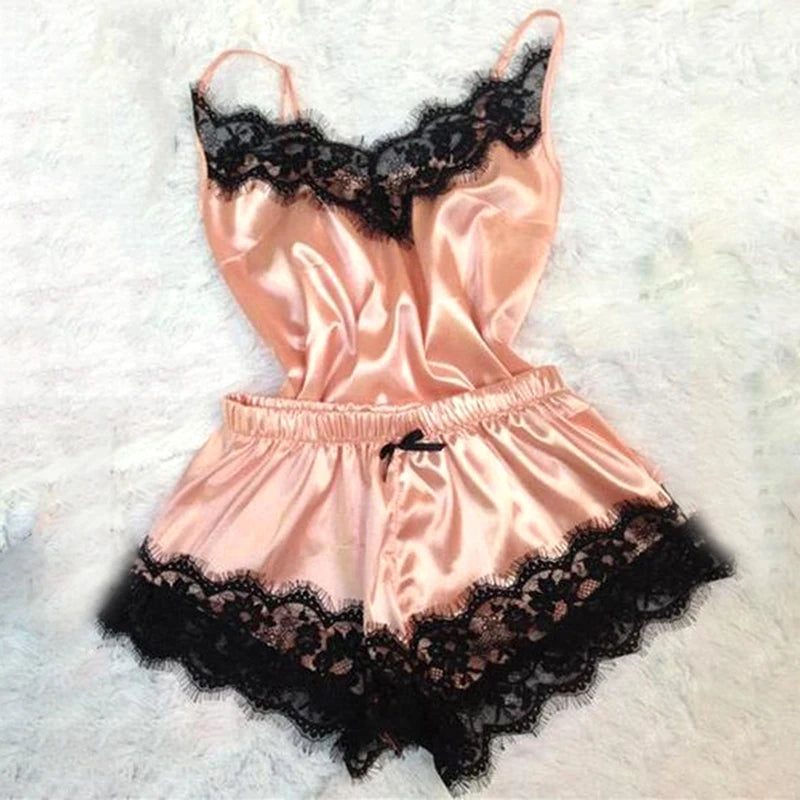 Fashion Nightwear Lace Trim Satin Cami Top Pajama Set – Sexy Hot Erotic Home Wear, Women's Sleeveless Sleepwear