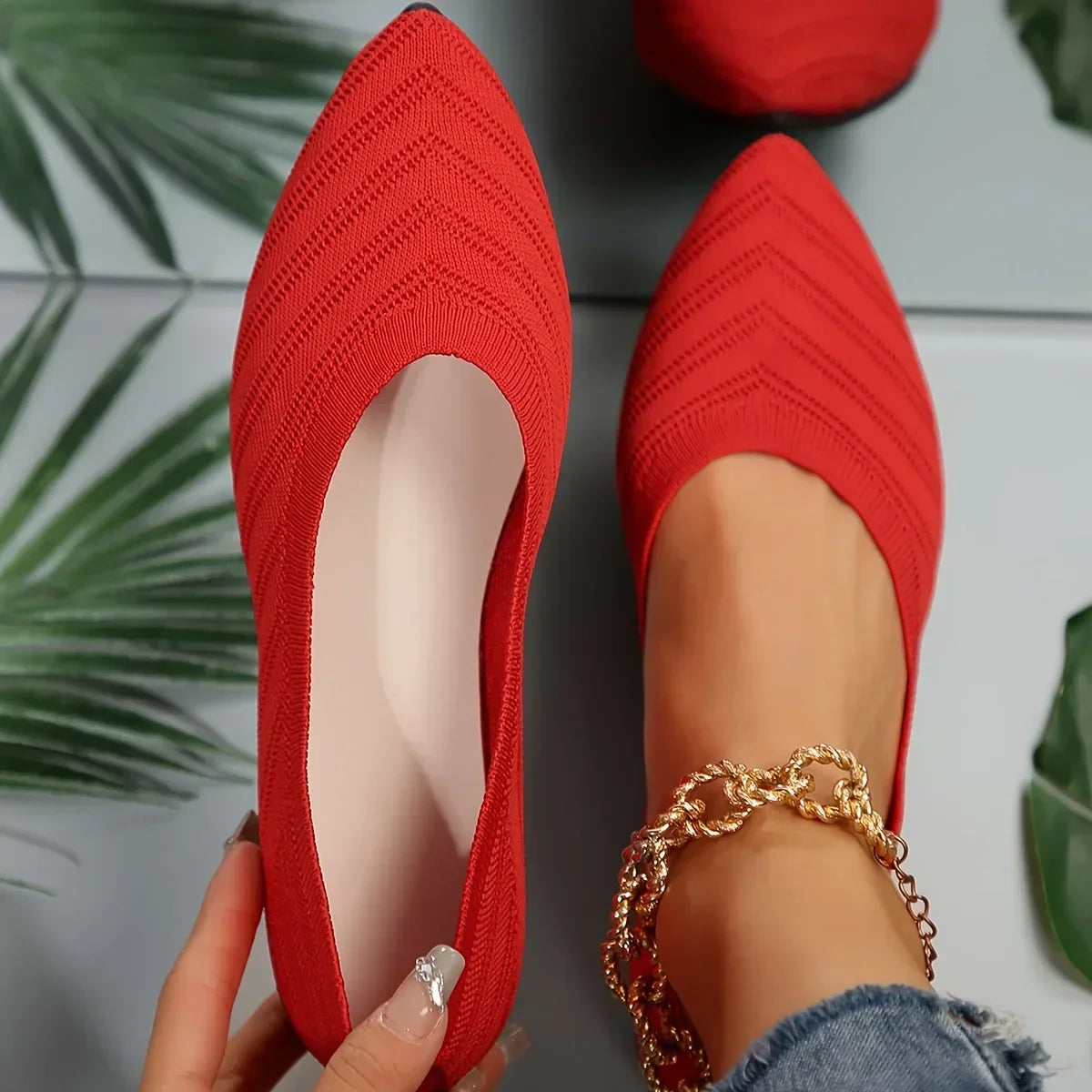 Pointed Toe Flats - Solid Color Knitted Slip-On Office Shoes, Casual Ballet Flats, Women's Loafers, Zapatos de Mujer
