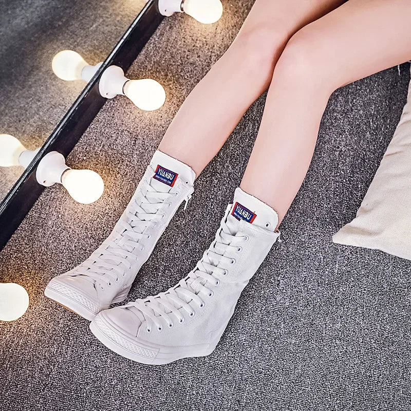 Women's Canvas Long Boots – High-Top, Lace-Up Knee-High Flats, Casual Vulcanized Sneakers