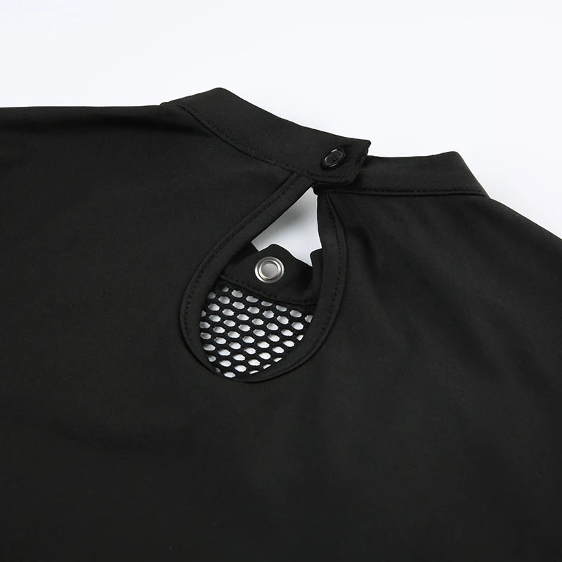 Goth Mesh Patchwork Crop Top – Sexy Hollow-Out, Long Sleeve, Eyelet Detail, Punk Style, Slim Fit Streetwear Tee