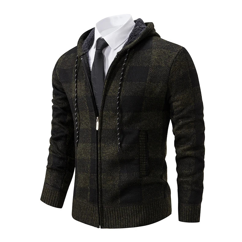 Men's Cardigan – Fashion Plus Velvet Padded Knit Jumpers, Male Sweater, Hooded Plaid Korean Luxury Brand Coat