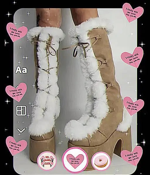 Platform Furry Boots – Chunky High Heeled Winter Autumn Knee High Boots, Women Faux Fur Zip, Gothic Style Punk Shoes Ladies