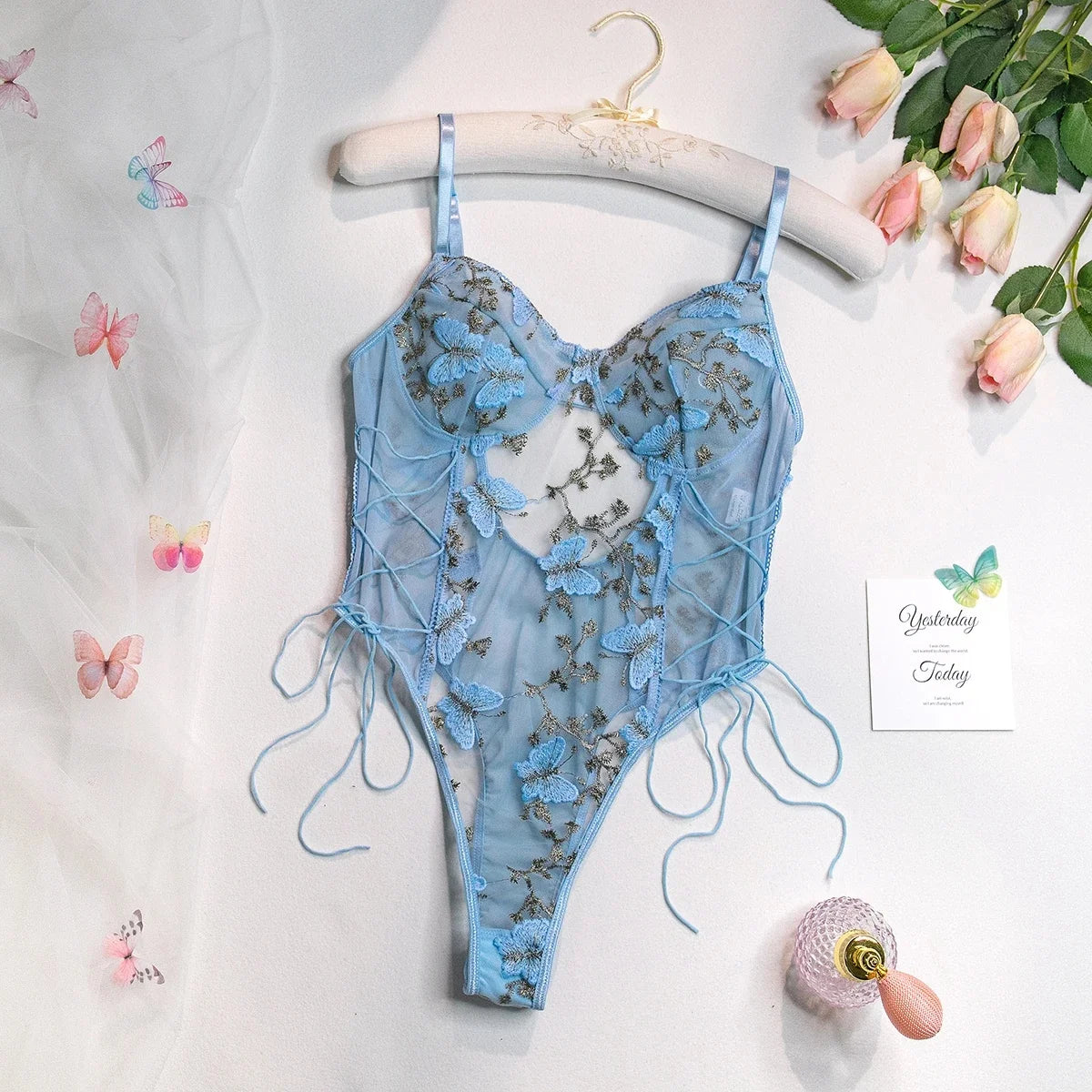 Yimunancy Boho Butterfly Embroidery Mesh Bodysuit – Women's Transparent Lace-Up Sexy Bodysuit, Body Femme