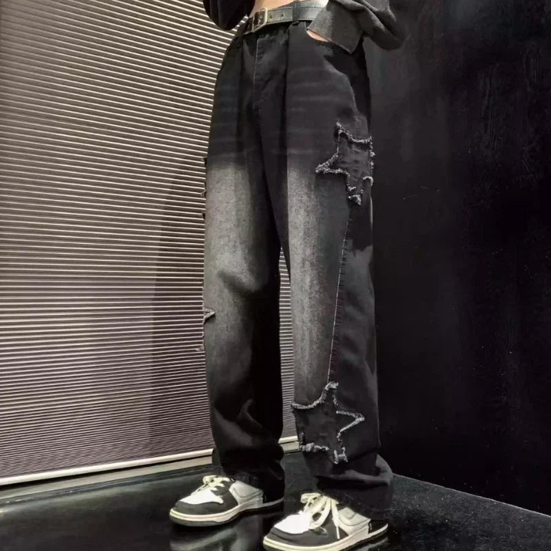 Stars Patchwork Men Jeans – New Fashion Y2K, Tassel Design, Korea Style, Straight Fit, Hip Hop Splicing Trousers, Male Streetwear