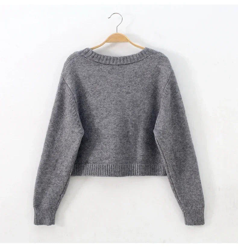 V-Neck Cropped Cardigan – Twist Knitted, Long Sleeve, Warm Autumn Winter Korean Jacket