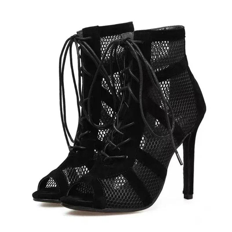 Sexy High Heels Hollow Mesh Sandals - Cross-tied, Peep Toe, Ankle Strap Dance Shoes