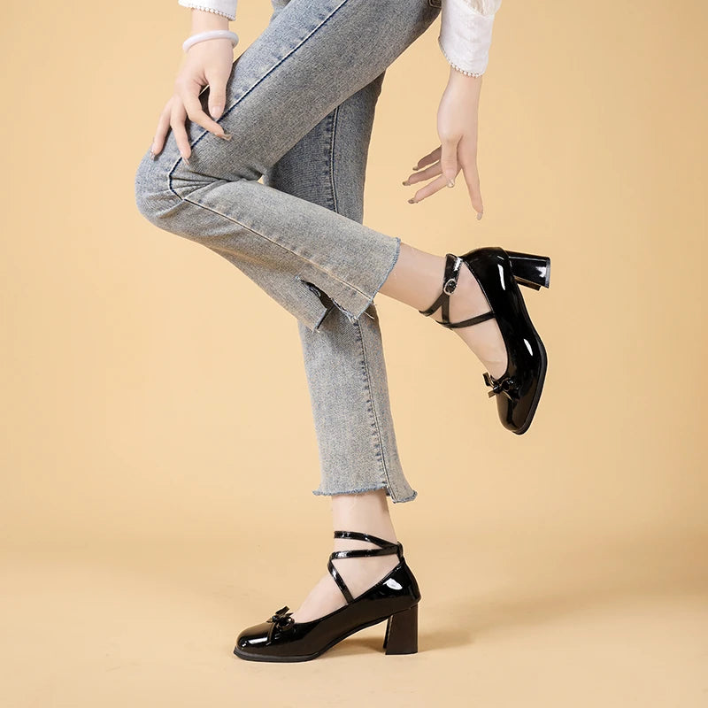 Black Retro Cross-Tie Pumps – Casual Summer Round Toe Shoes, Sweet Bow Design for Women