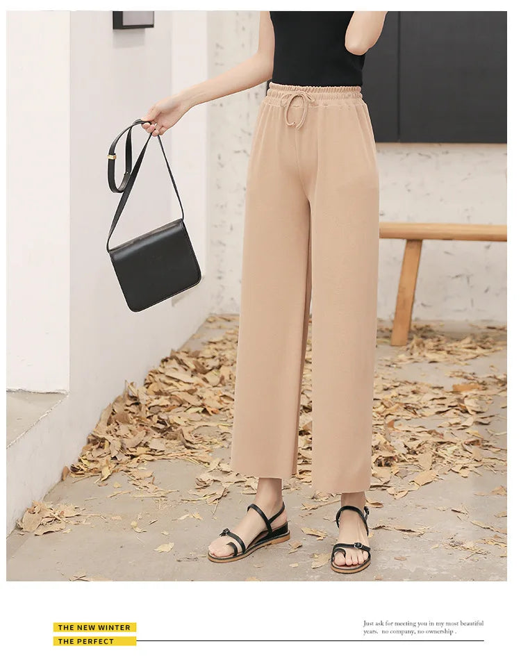 Women Ankle-Length Wide Leg Pants – Casual, Summer, Solid Color, Elastic Waist, Loose Fit, Ice Silk, Spring/Summer