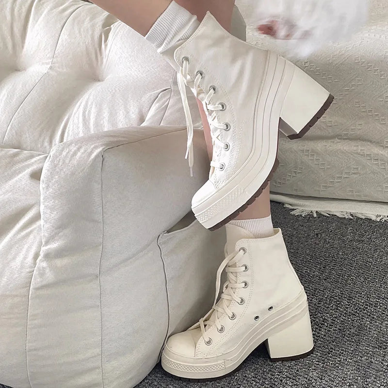 Platform Sneakers - Canvas Lace-Up Personalized Luxury Heels, Skateboard Style Casual Outdoor Fashion Shoes for Women