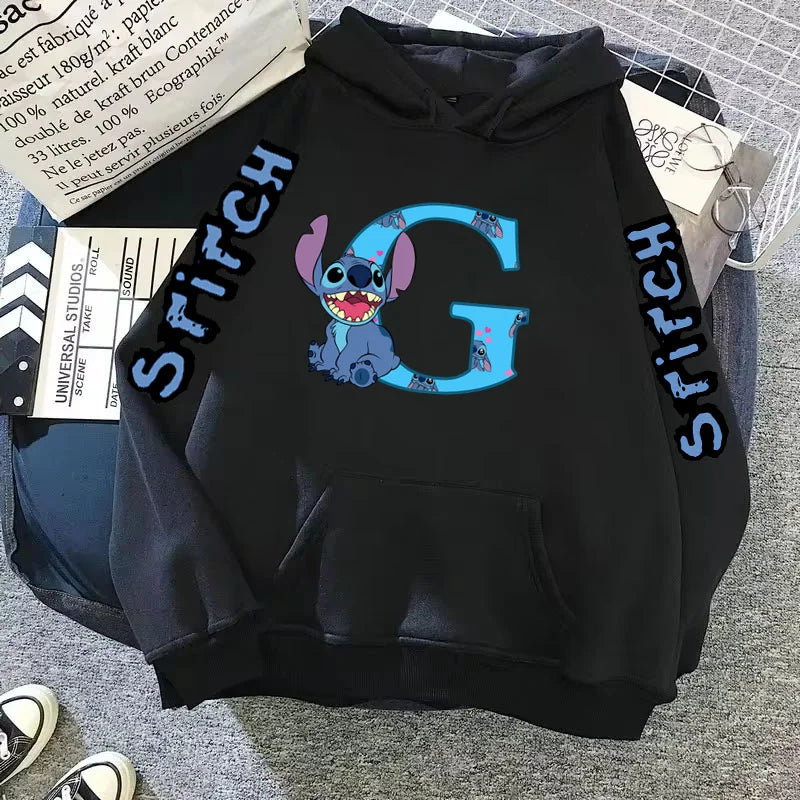 Women's Winter Disney Hoodie – Cute Kawaii Lilo & Stitch, Lucky Letter Print, Black, Fashion Couple Streetwear (Big Size)