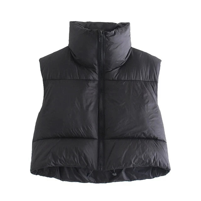 Women's Short Quilted Down Vest – Warm Stand-Up Collar, Sleeveless Cotton Jacket for Autumn & Winter