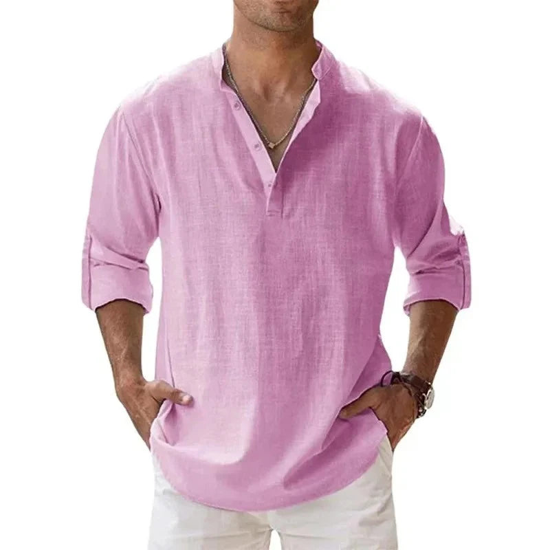 Streetwear Men Lightweight Shirts – Long Sleeve Henley Cotton Linen Shirts for Men, Beach Hawaiian Shirts, Breathable Collar T-shirts