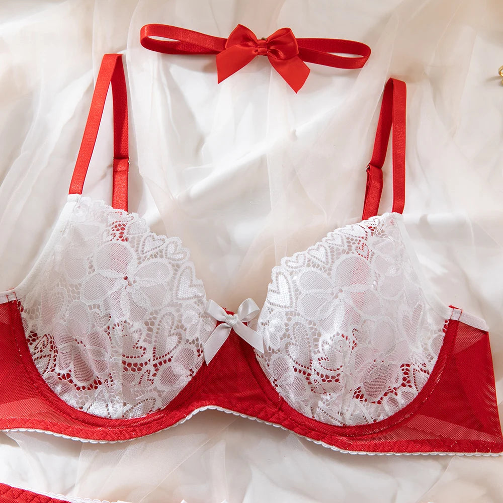 Lace Bra Set – Women's 4-Piece Lingerie Set with Stockings, Floral Bra, Panty & Garter Kit, Sexy Erotic Intimates
