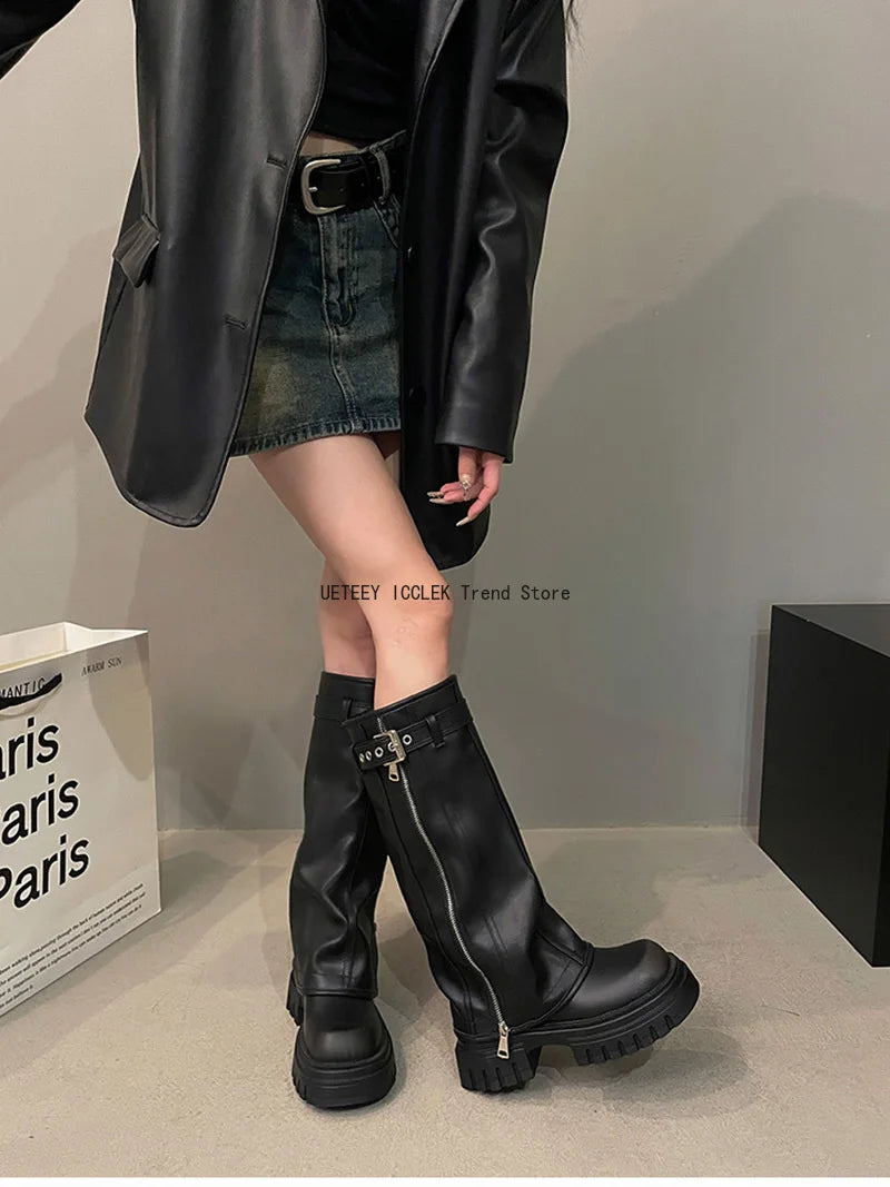 Winter Women Biker Boots – Fashion Belt Buckle, Elegant Platform Knee-High Booties for Ladies