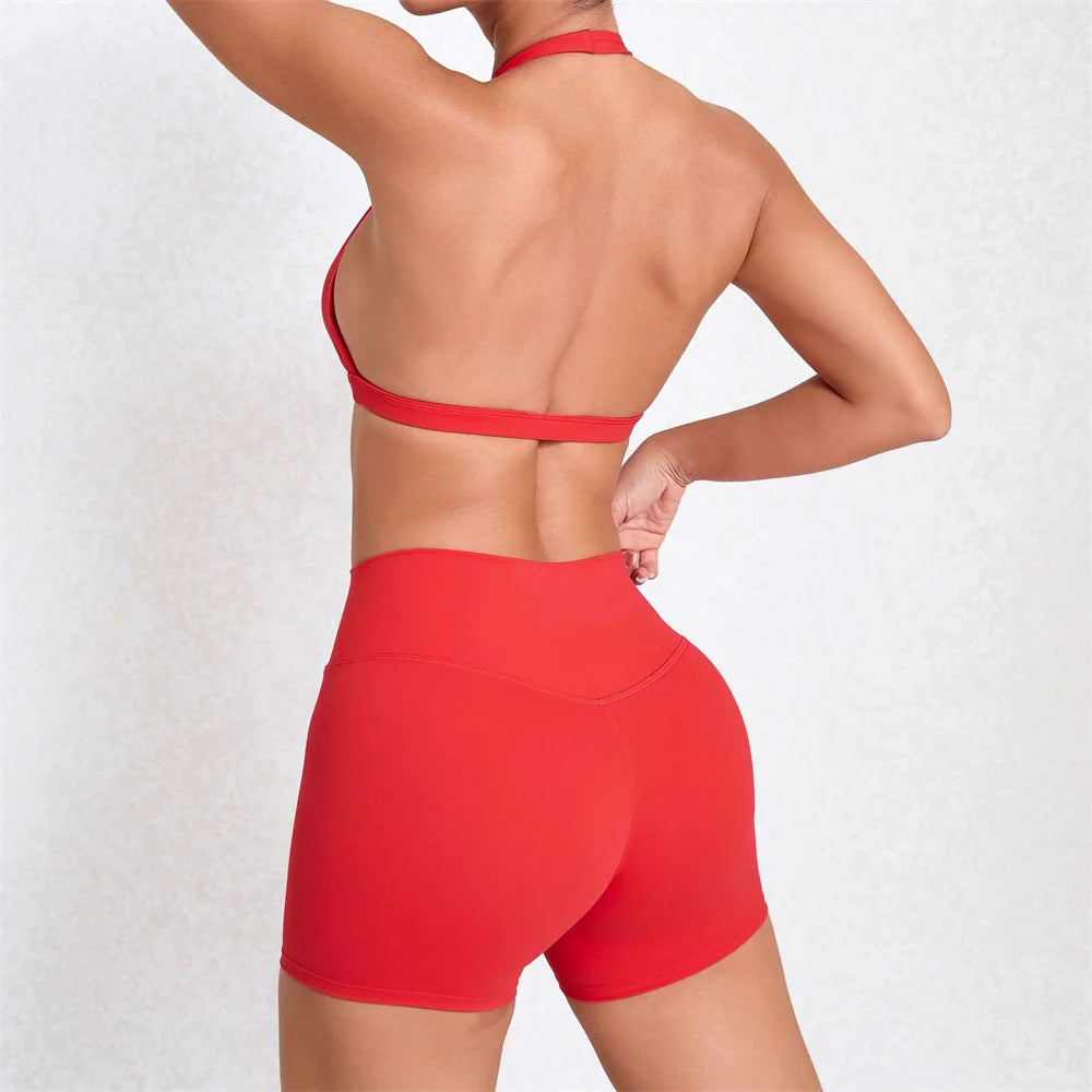 1/2PCS Deep V Bra Gym Halter Yoga Set – Women's Sportswear, Workout Fitness Shorts, Activewear Outfit