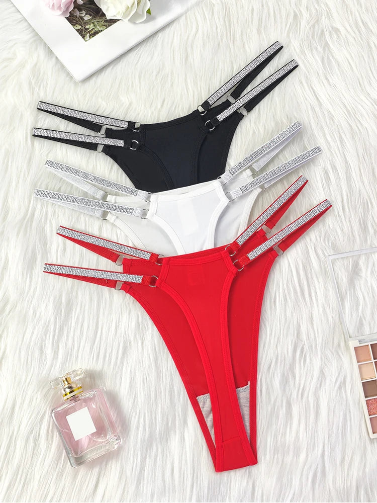3PCS Women's Sexy Thongs – Low Rise Panties, Double Shiny Belts, Solid Color, Hollow Out, Comfortable Underwear