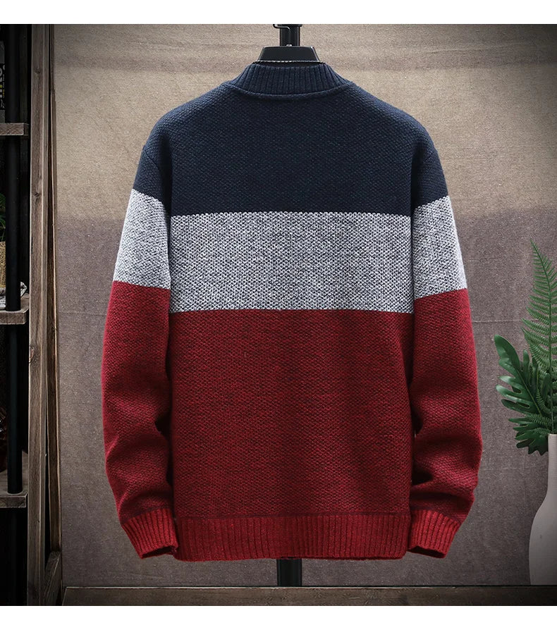 Cardigan Sweater Men – Fleece Zipper, Velvet Contrast Striped Sweater Coat, Casual Jacket for Autumn and Winter