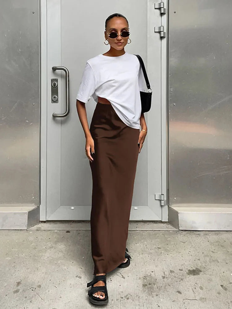 Elegant Satin Trumpet Skirt – Slim Fit, High Waist, Solid Color, Office Wear, Long Skirt, Spring Summer