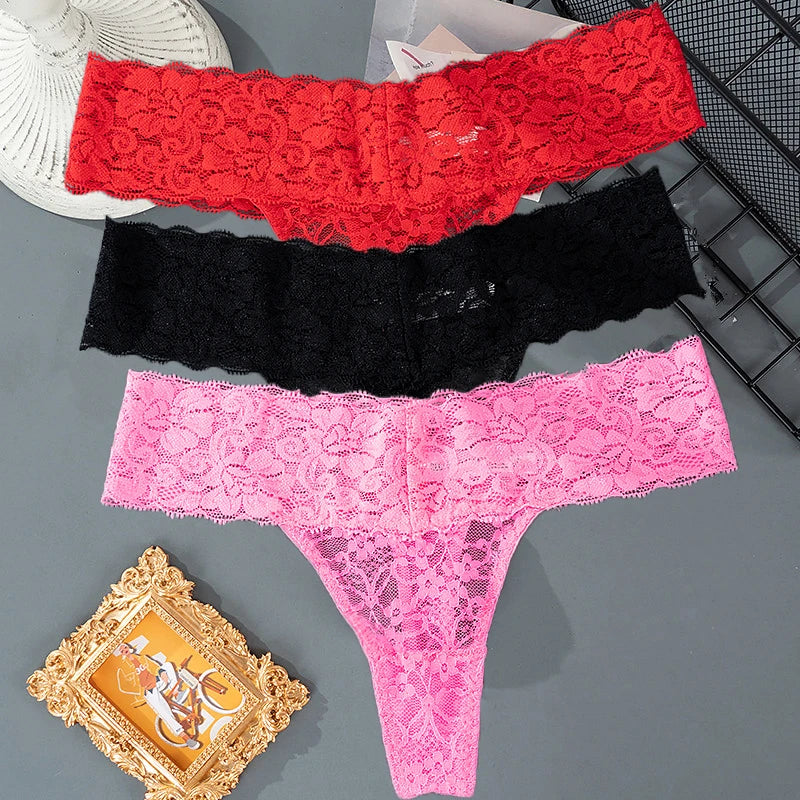 3PCS Lace Floral Thong Panties – Low Waist, Breathable, Sexy, Transparent, Solid Color Women's Underwear