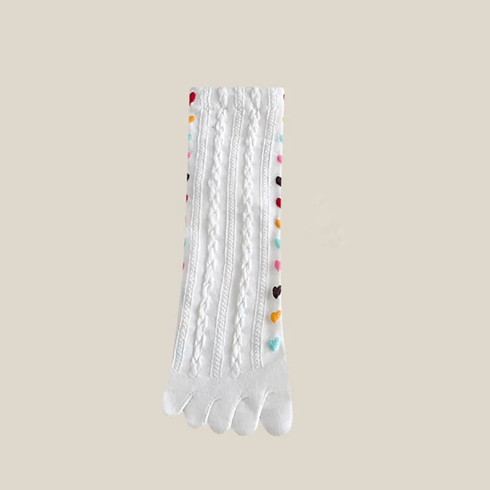 Colorful Heart Braid Five Finger Socks for Women – Spring Autumn, Middle Tube, Cotton, Breathable, Crew Socks, Streetwear