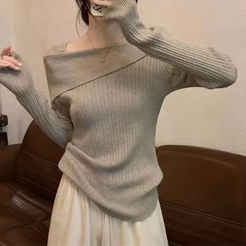 Slim Off-Shoulder Knitted Sweater – Slash Neck, Long Sleeve, Sexy Office Fashion