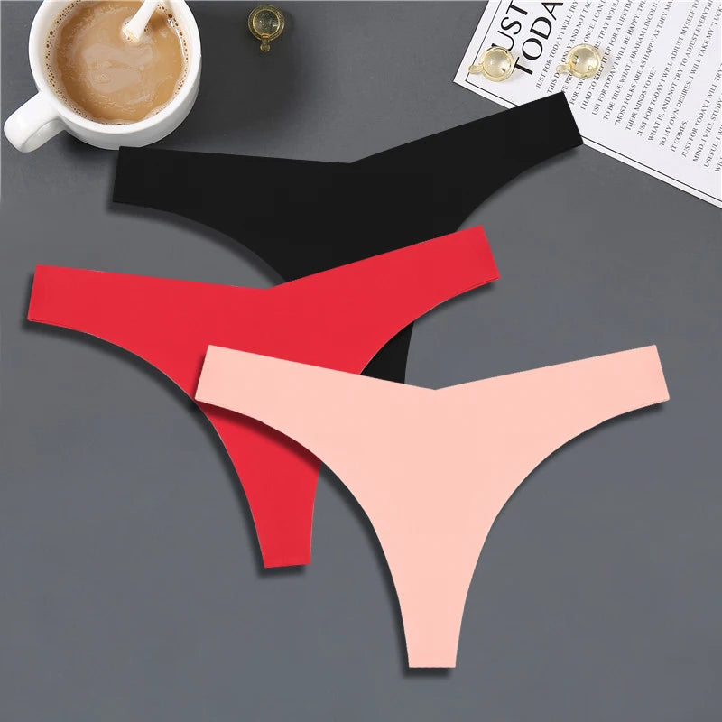 3PCS Women Ice Silk Seamless Thongs – Sexy V-Waist, Low Rise, Sporty, Breathable, 10 Solid Colors