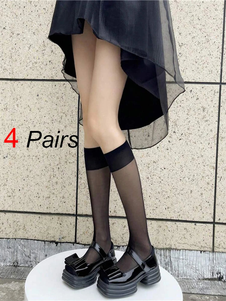 4 Pairs Black White Semi-Transparent Nylon Socks – Classic, Versatile, Comfortable, Breathable, Suitable for Daily Wear