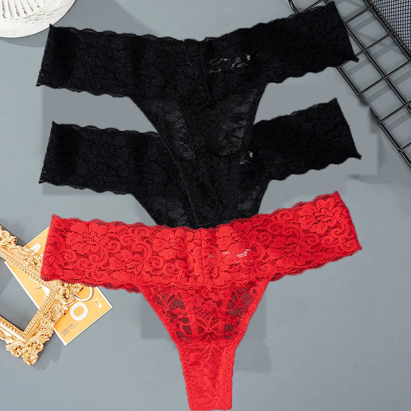 3PCS Lace Floral Thong Panties – Low Waist, Breathable, Sexy, Transparent, Solid Color Women's Underwear