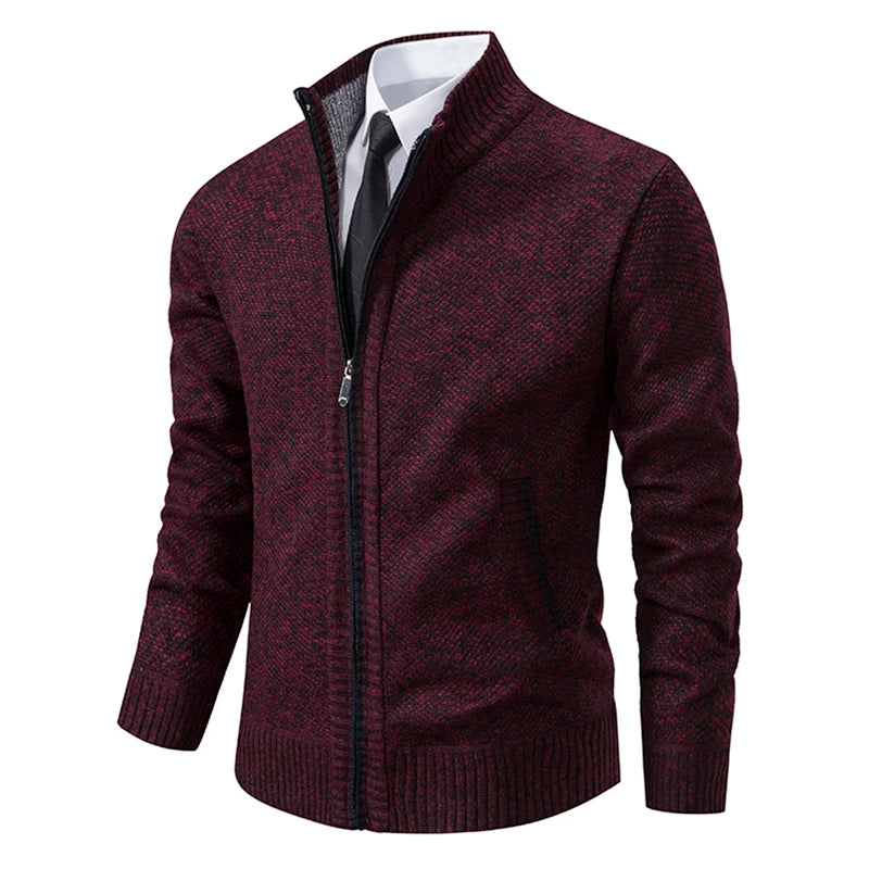 Jersey Men's Casual Sports Coat – Solid Color Stand Collar Sweater, Fleece-Lined, Warm Zipper Cardigan