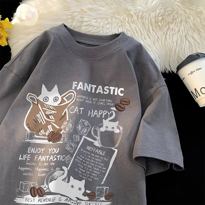 Oversized Cartoon Cat T-Shirt – Unisex Korean Style, Casual Short Sleeve Couple Tee