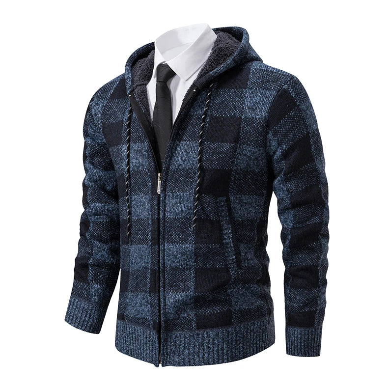 Men's Cardigan – Fashion Plus Velvet Padded Knit Jumpers, Male Sweater, Hooded Plaid Korean Luxury Brand Coat