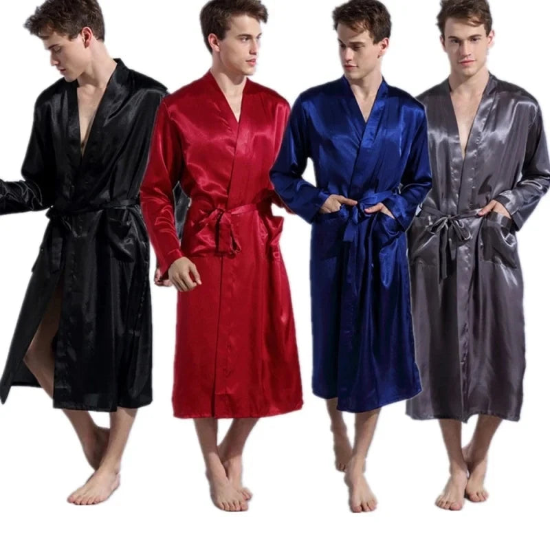 Men's Satin Kimono Robe – V Neck, Long Bathrobe, Sleepwear, Christmas & Wedding Party Loungewear Gown