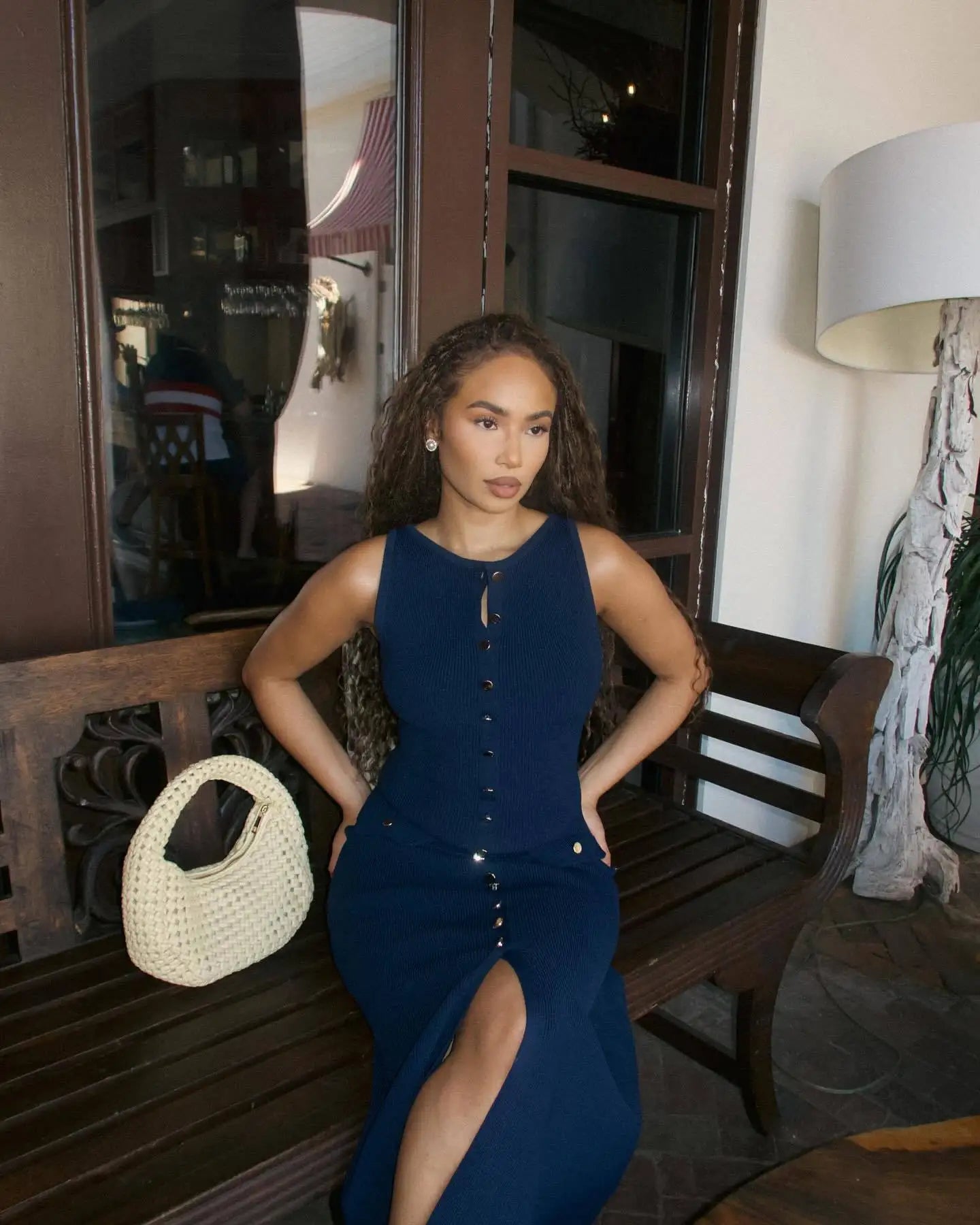 Knit Ribbed Cardigan Maxi Dress – High Waist, Slim Fit, Pocket Design, Sleeveless, Elegant, Party Dress, Women's Knitwear, Long Dress