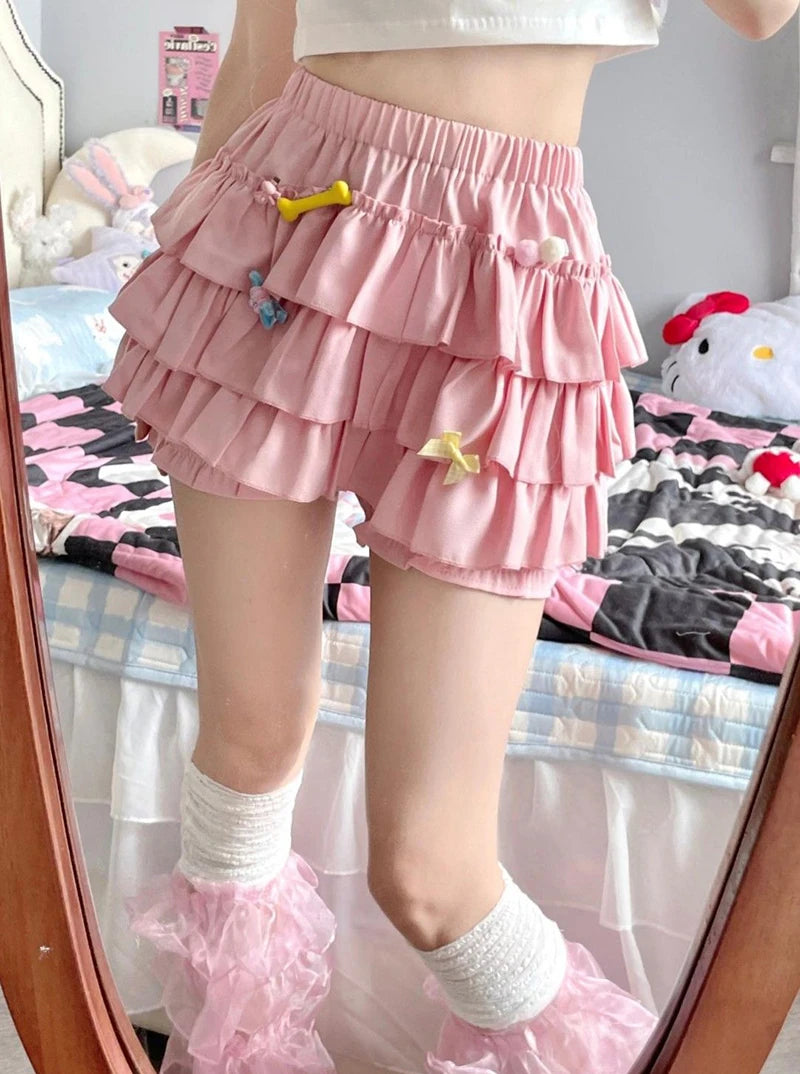 Y2K Sweet Ruffle Mini Skirt – Kawaii Lolita A-Line, Harajuku High-Waisted Bow Skirt in Pink & White