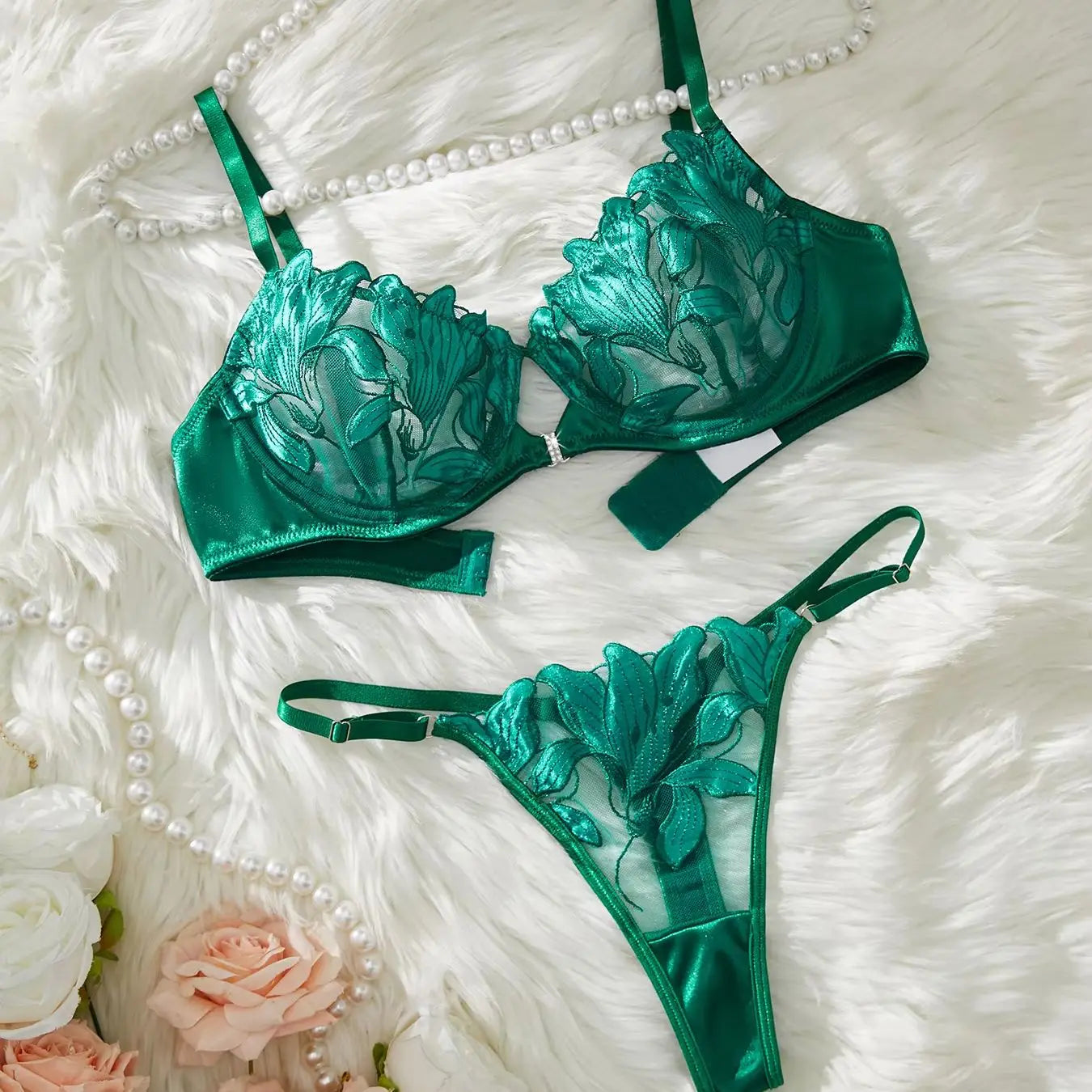 Floral Embroidery Sexy Lingerie Set – Women Transparent Bralette, Underwire Push Up Bra, Panty 2-Piece Set