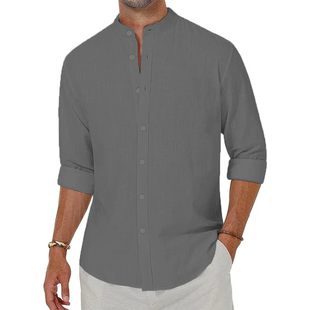 Men's Cotton Linen Shirts – Long Sleeve Button Down With Henley Collar, Beach Style Hawaiian Vacation Casual Tops