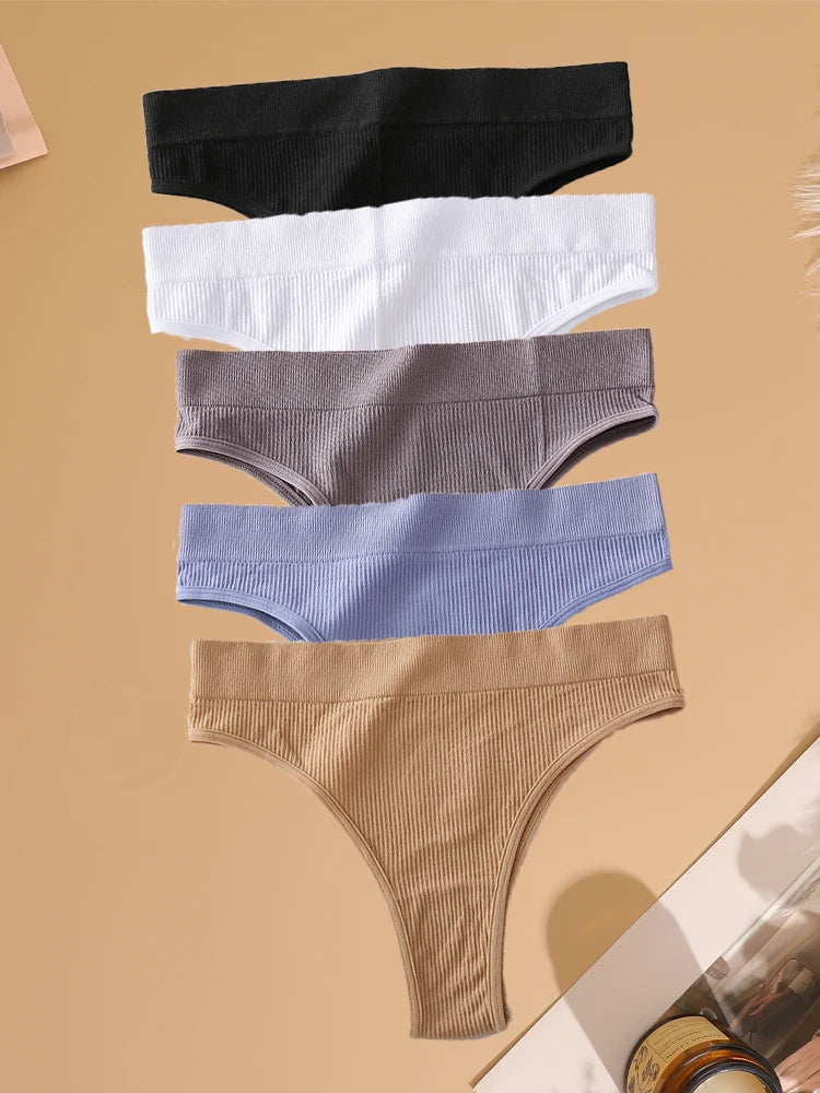 5PCS Seamless Ribbed Striped Panties – Sexy Low-Waist, Brazilian Style, Solid Color, G-String Lingerie