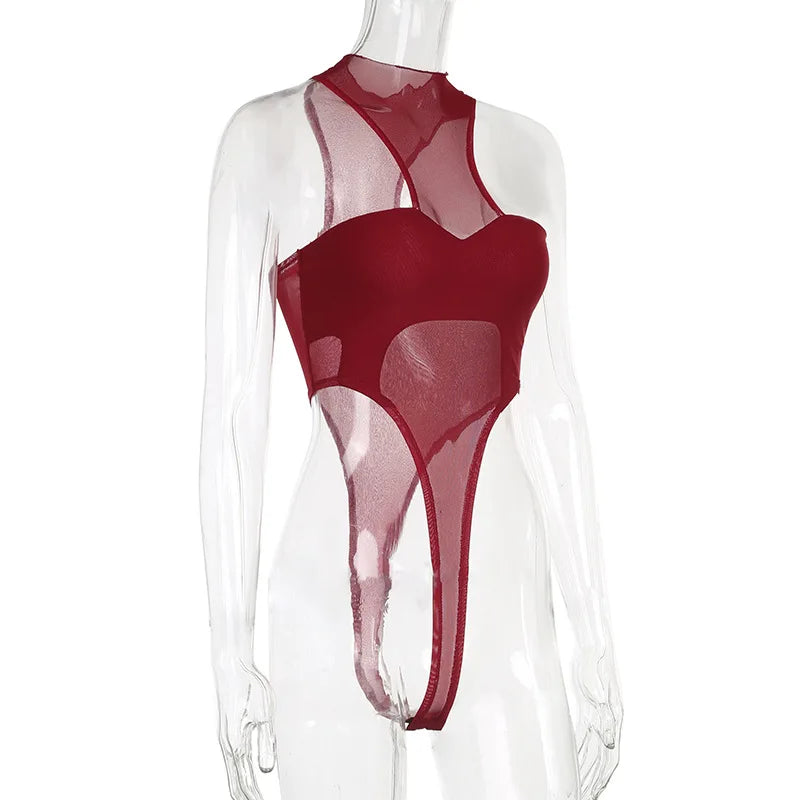 Red See-Through Mesh Bodysuit – Sexy Lingerie, Neck-Mounted, Y2K Festival Outfit