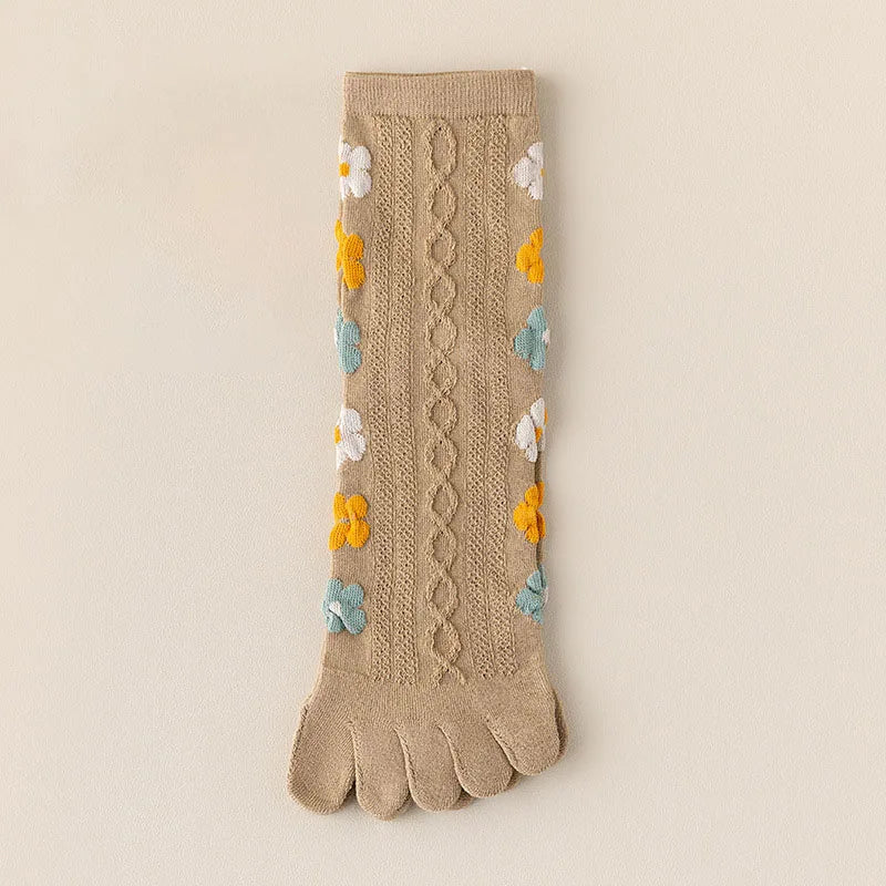 Colorful Heart Braid Five Finger Socks for Women – Spring Autumn, Middle Tube, Cotton, Breathable, Crew Socks, Streetwear