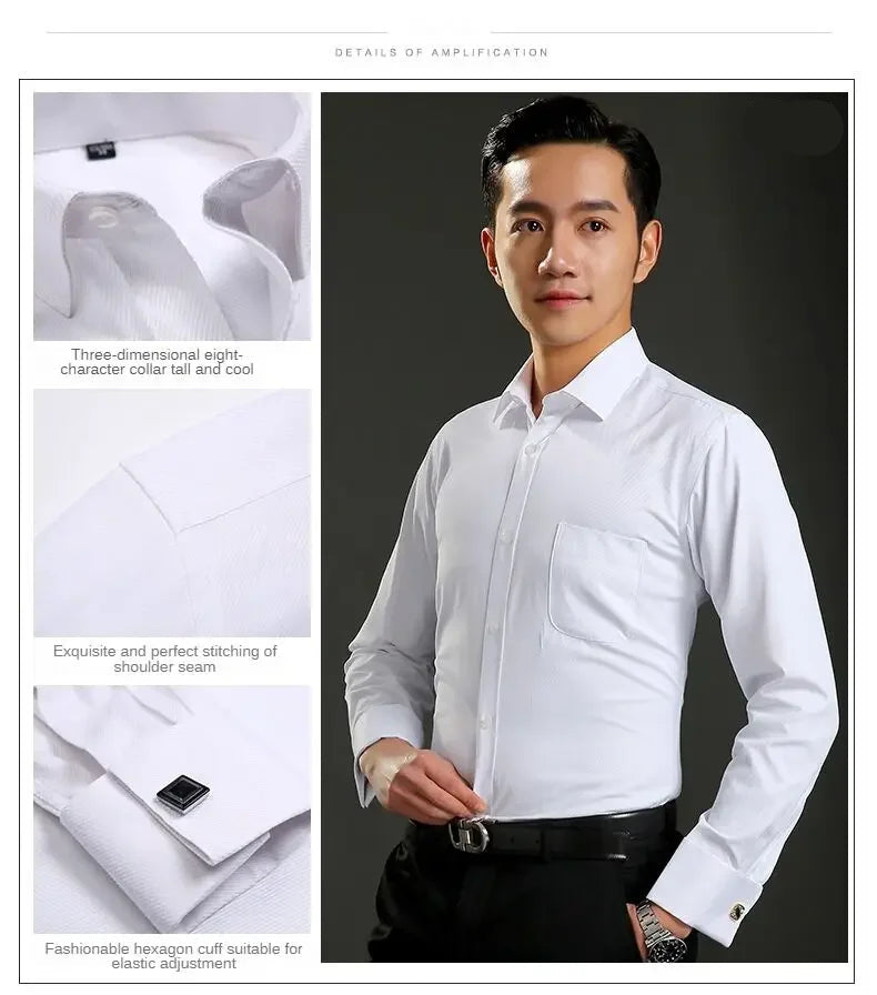 Men's French Cuff Formal Shirt – New White Long-Sleeved Business Button Shirt, Regular Fit With Cuff Buttons