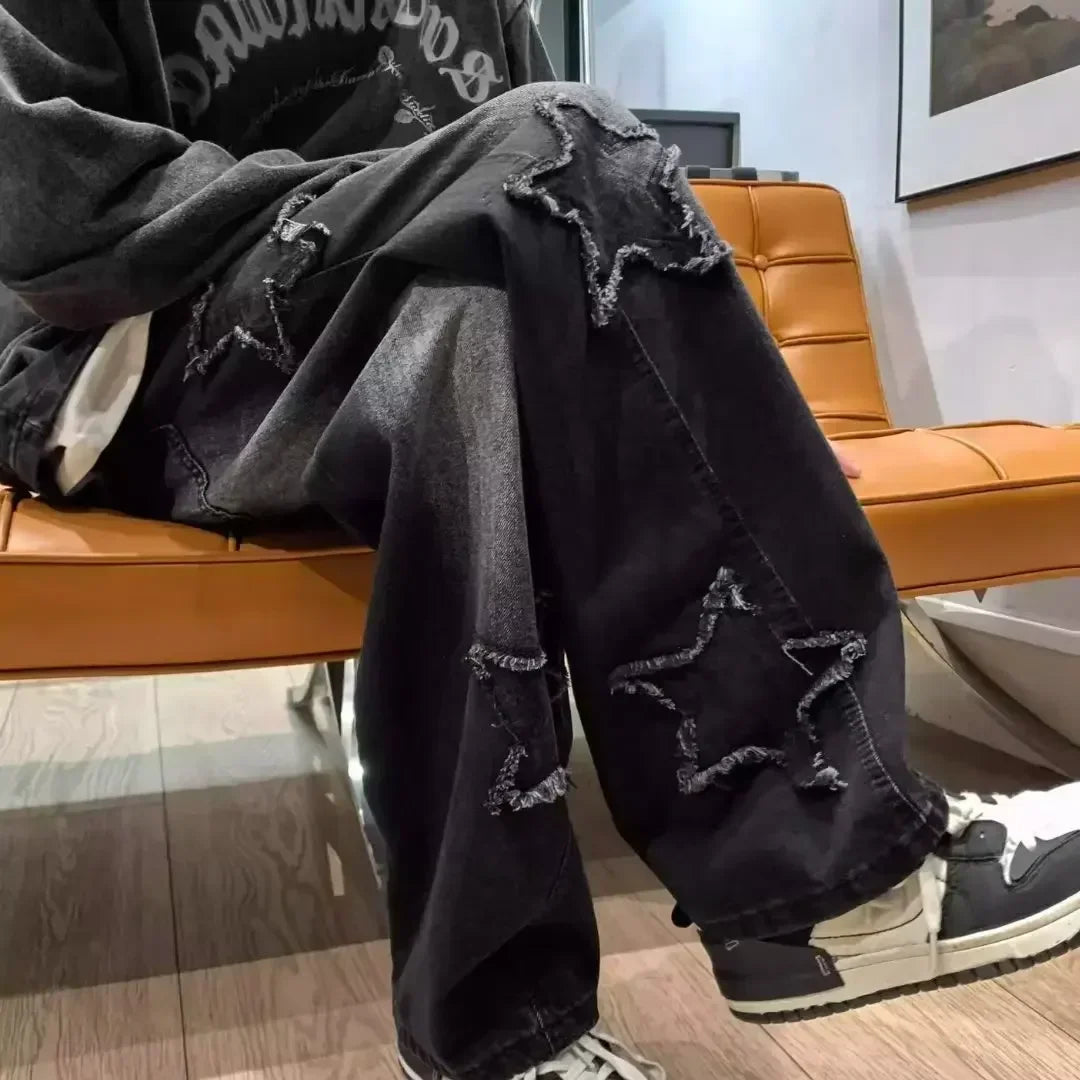 Stars Patchwork Men Jeans – New Fashion Y2K, Tassel Design, Korea Style, Straight Fit, Hip Hop Splicing Trousers, Male Streetwear