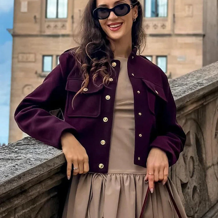 Women's Soft Tweed Bomber Jacket – O-Neck, Long Sleeve, Button-Up, Loose Woolen Streetwear Coat