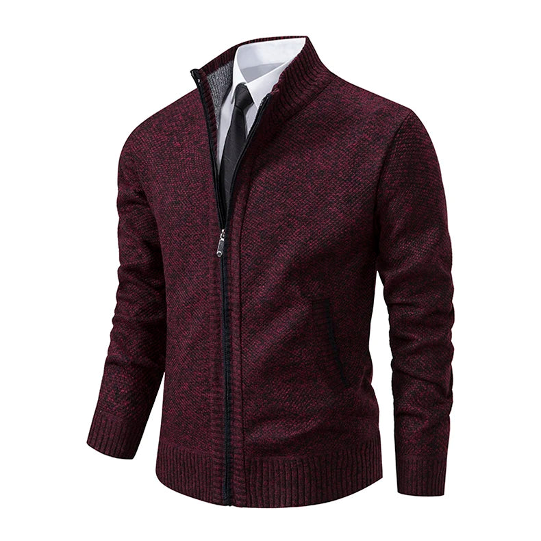 Jersey Men's Casual Sports Coat – Solid Color Stand Collar Sweater, Fleece-Lined, Warm Zipper Cardigan