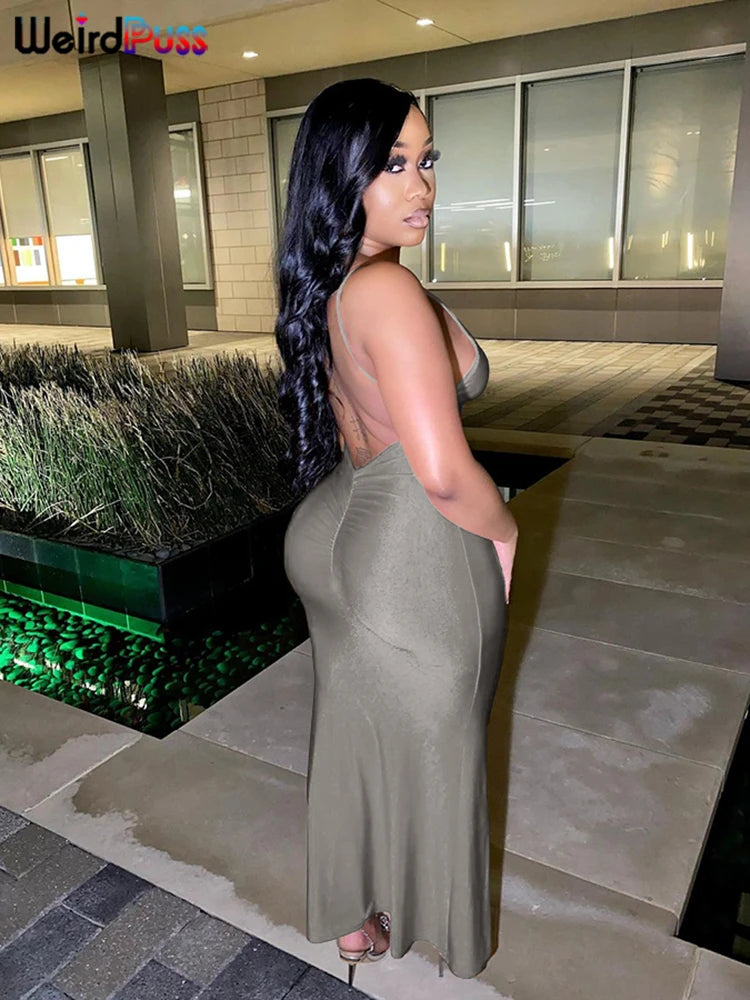 Weird Puss Sexy Backless Maxi Dress – V-Neck, Sleeveless, Elegant Mermaid Bodycon Evening Gown for Banquet & Prom