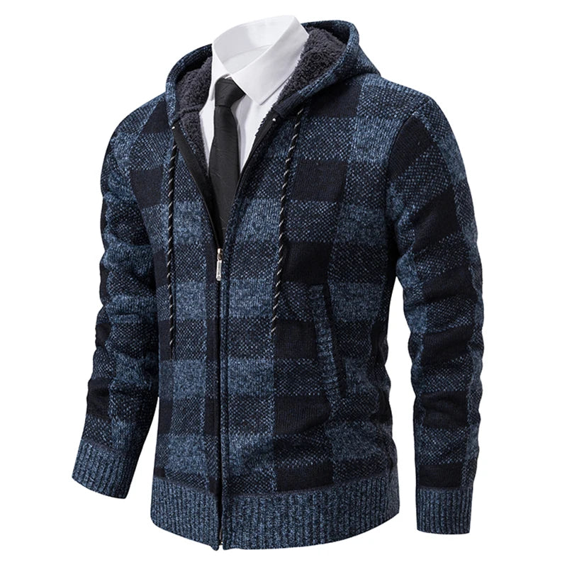 Men's Cardigan – Fashion Plus Velvet Padded Knit Jumpers, Male Sweater, Hooded Plaid Korean Luxury Brand Coat