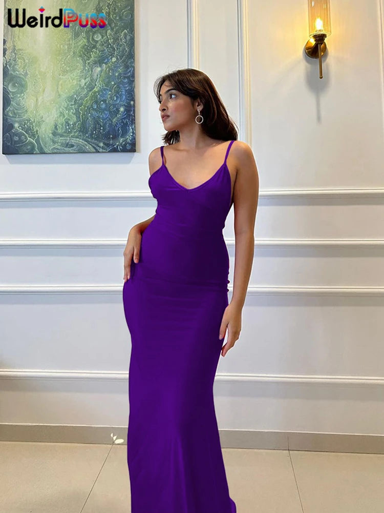 Weird Puss Sexy Backless Maxi Dress – V-Neck, Sleeveless, Elegant Mermaid Bodycon Evening Gown for Banquet & Prom