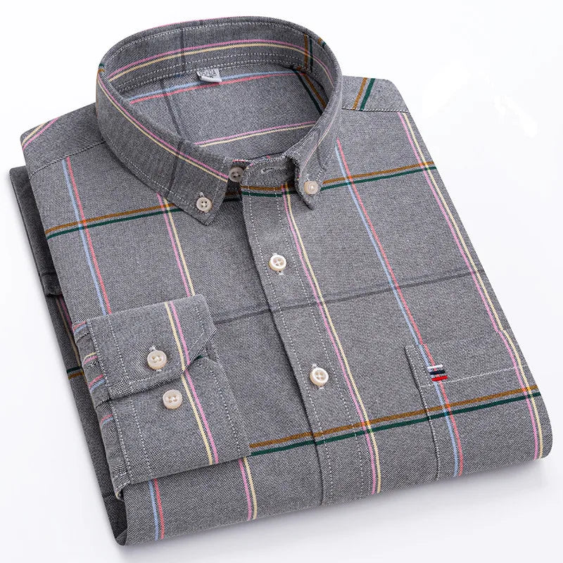 Men's 100% Cotton Shirt – Long Sleeve Plaid Oxford, Solid Color, Regular Fit Formal Dress Shirt, Available In Oversized