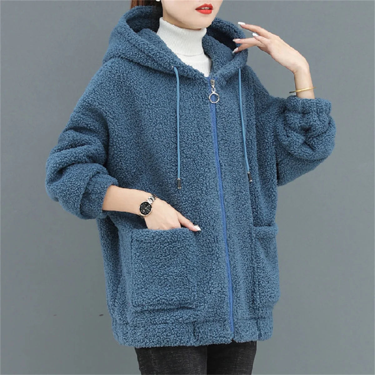 Women's Fleece Hooded Sweater – Solid Color, Lamb Cashmere, Cardigan Jacket, Plush, Autumn Winter Casual Coat