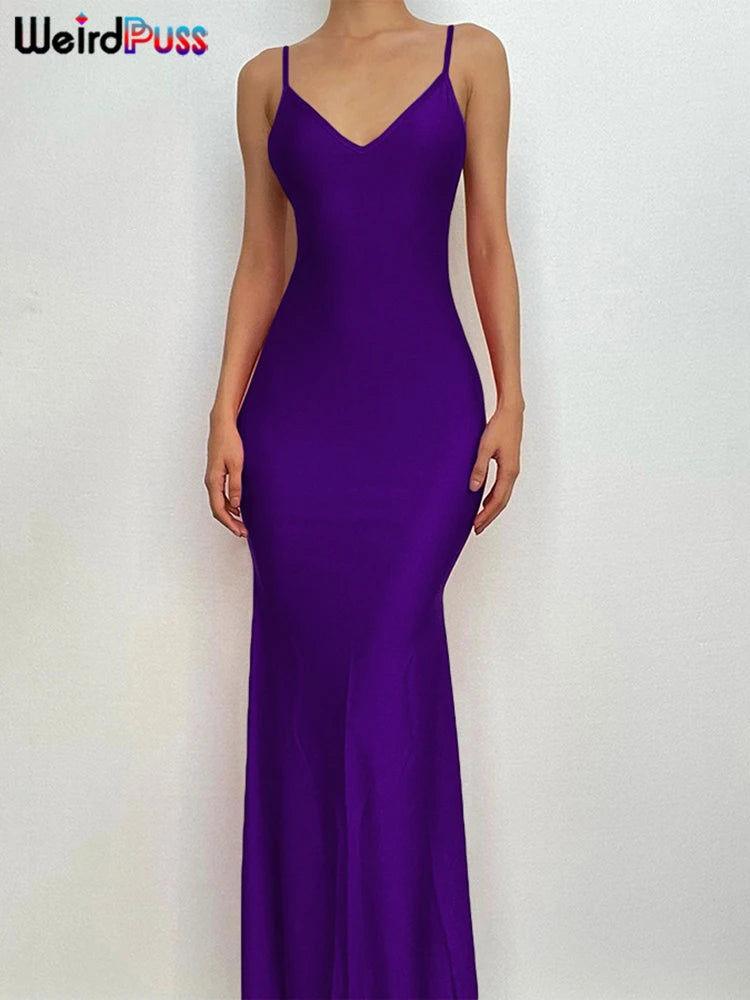 Weird Puss Sexy Backless Maxi Dress – V-Neck, Sleeveless, Elegant Mermaid Bodycon Evening Gown for Banquet & Prom