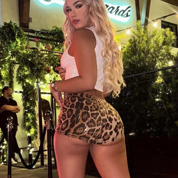 Leopard Print Mini Shorts – Sequin Patchwork, Wild Style, Skinny Fit, Stretchy, Streetwear, Autumn, Midnight Sexy Trend